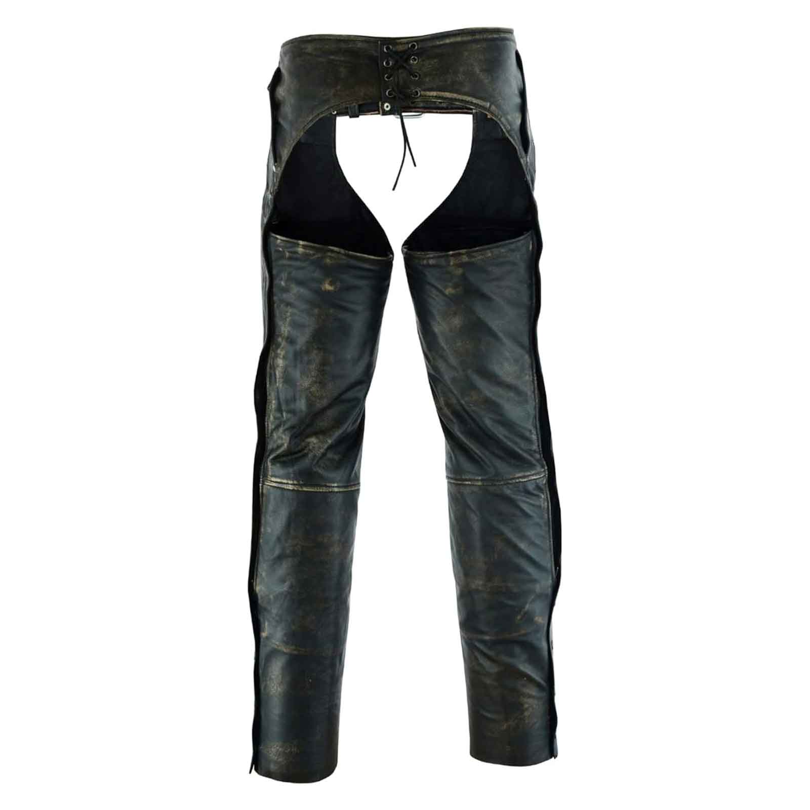Mens Distressed Brown Leather Motorcycle Chaps with Zip Out Liner - Durable, Adjustable, and Stylish