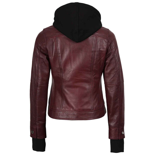 Lightweight Real Leather Women's Bomber Burgundy Jacket with Hood | Regals Leather