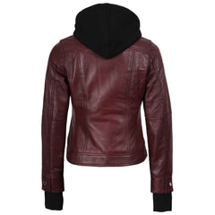 Lightweight Real Leather Women's Bomber Burgundy Jacket with Hood | Regals Leather