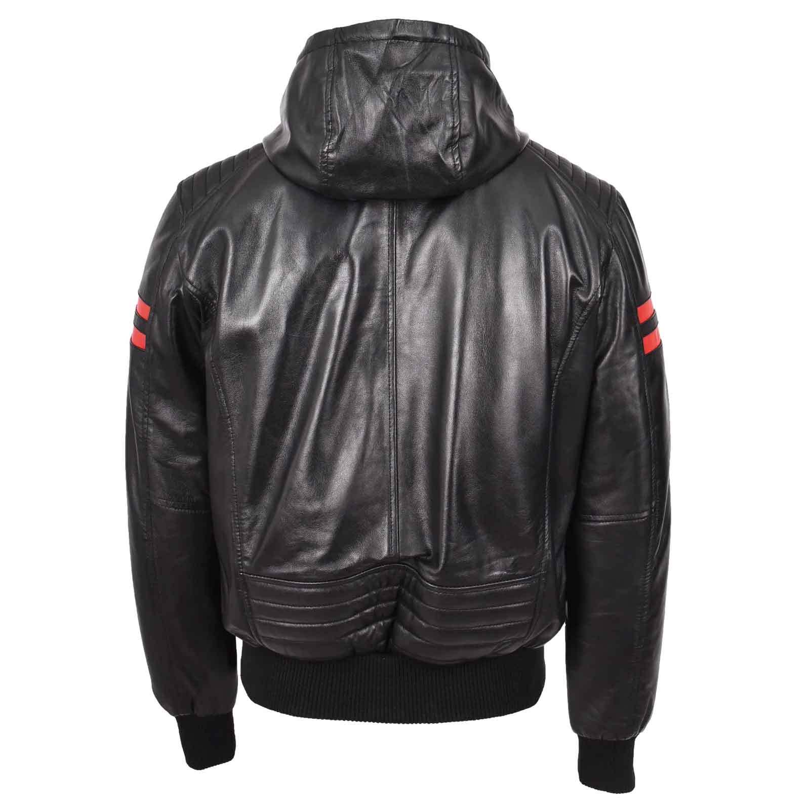 Leather Men's Genuine Lambskin Leather Hooded Bomber Jacket Remmy Black