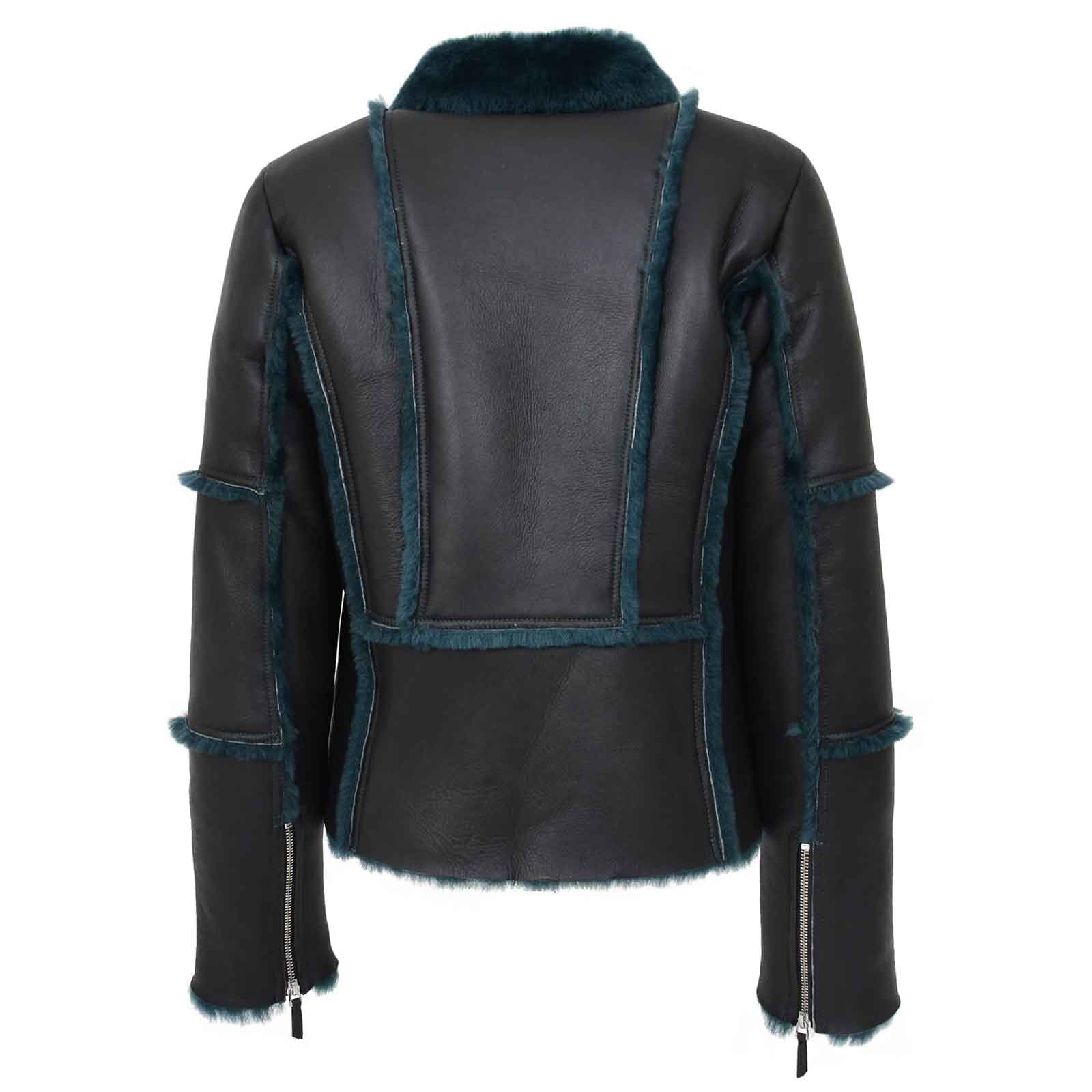 Women’s Sheepskin Aviator Pilot Jacket – Valerie Black Green Shearling Coat