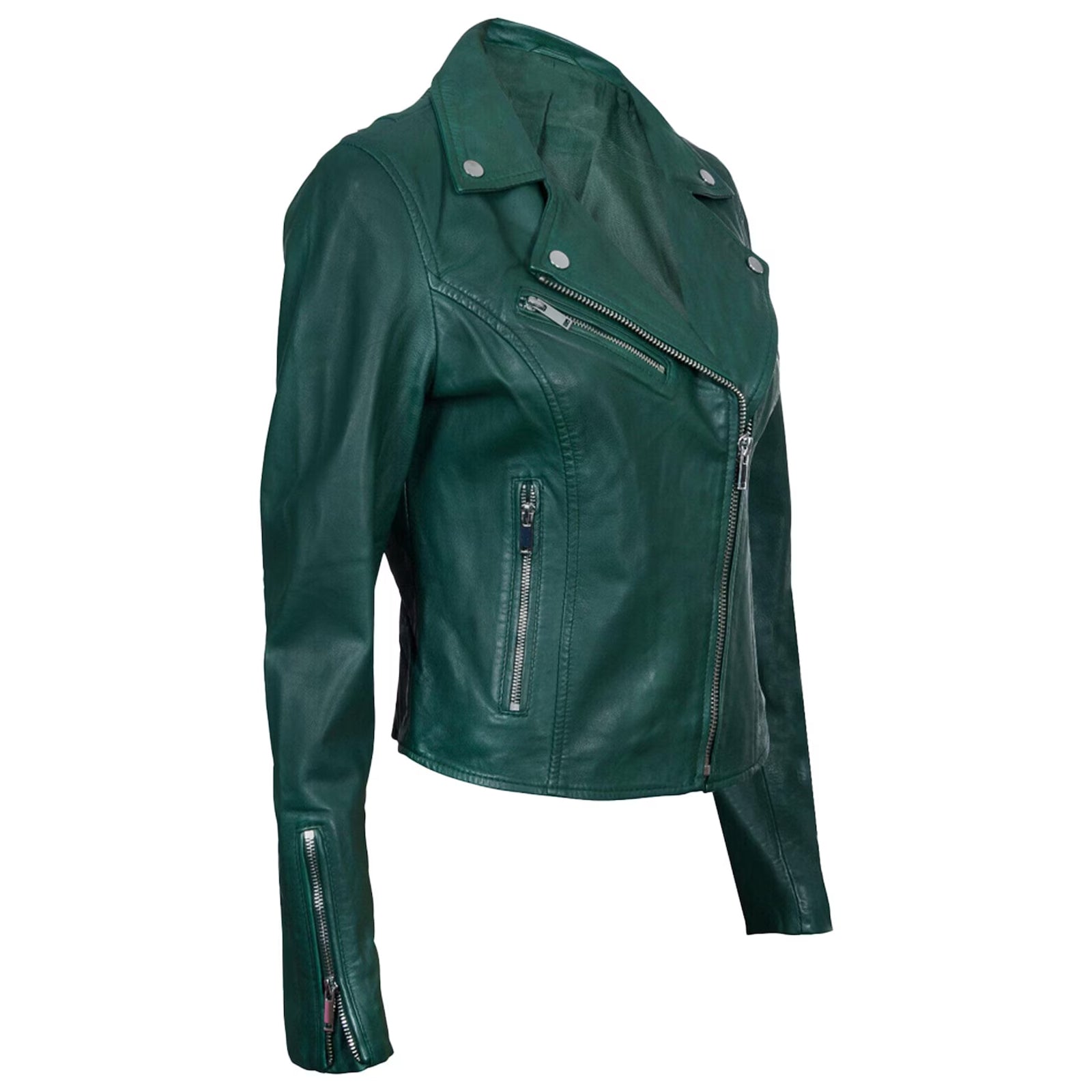 Green Lambskin Leather Biker Jacket For Women  Slim Fit Racer Style