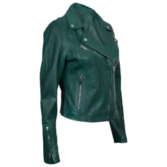 Green Lambskin Leather Biker Jacket For Women  Slim Fit Racer Style