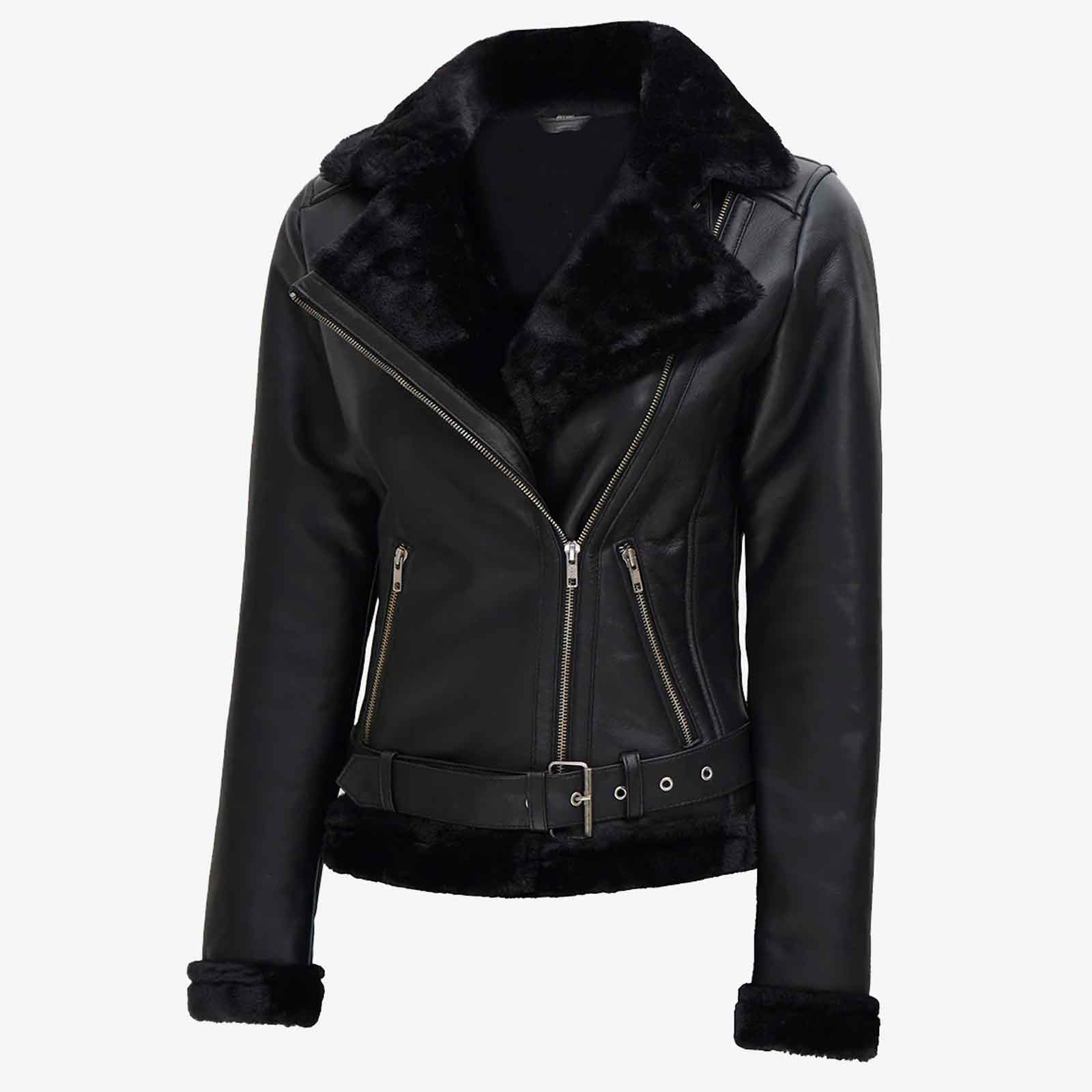 Women's Black Asymmetrical Shearling Real Leather Jacket | Regals Leather