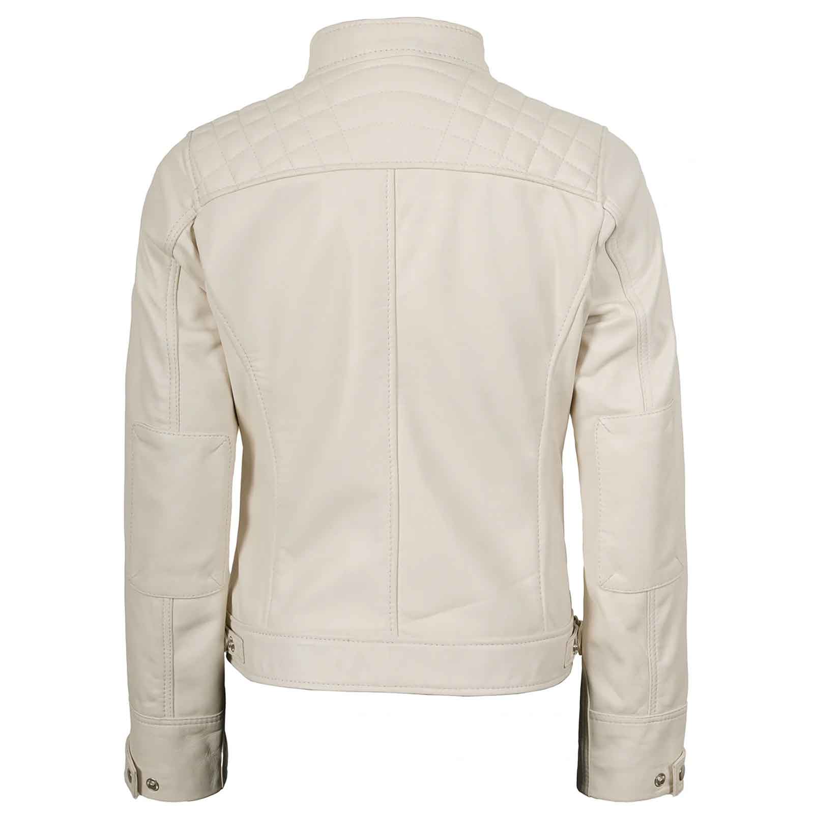 Women’s Off White Quilted Cafe Racer Leather Jacket – Johnson Real Lambskin Biker Coat