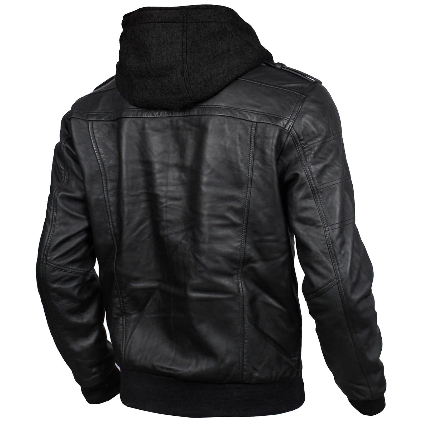 Mens Leather Jacket Geniune Motorcycle Fashion Jacket Men With Removable Hood Leather Jacket Black