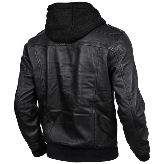 Mens Leather Jacket Geniune Motorcycle Fashion Jacket Men With Removable Hood Leather Jacket Black