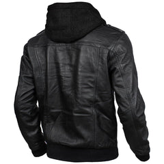 Mens Leather Jacket Geniune Motorcycle Fashion Jacket Men With Removable Hood Leather Jacket Black