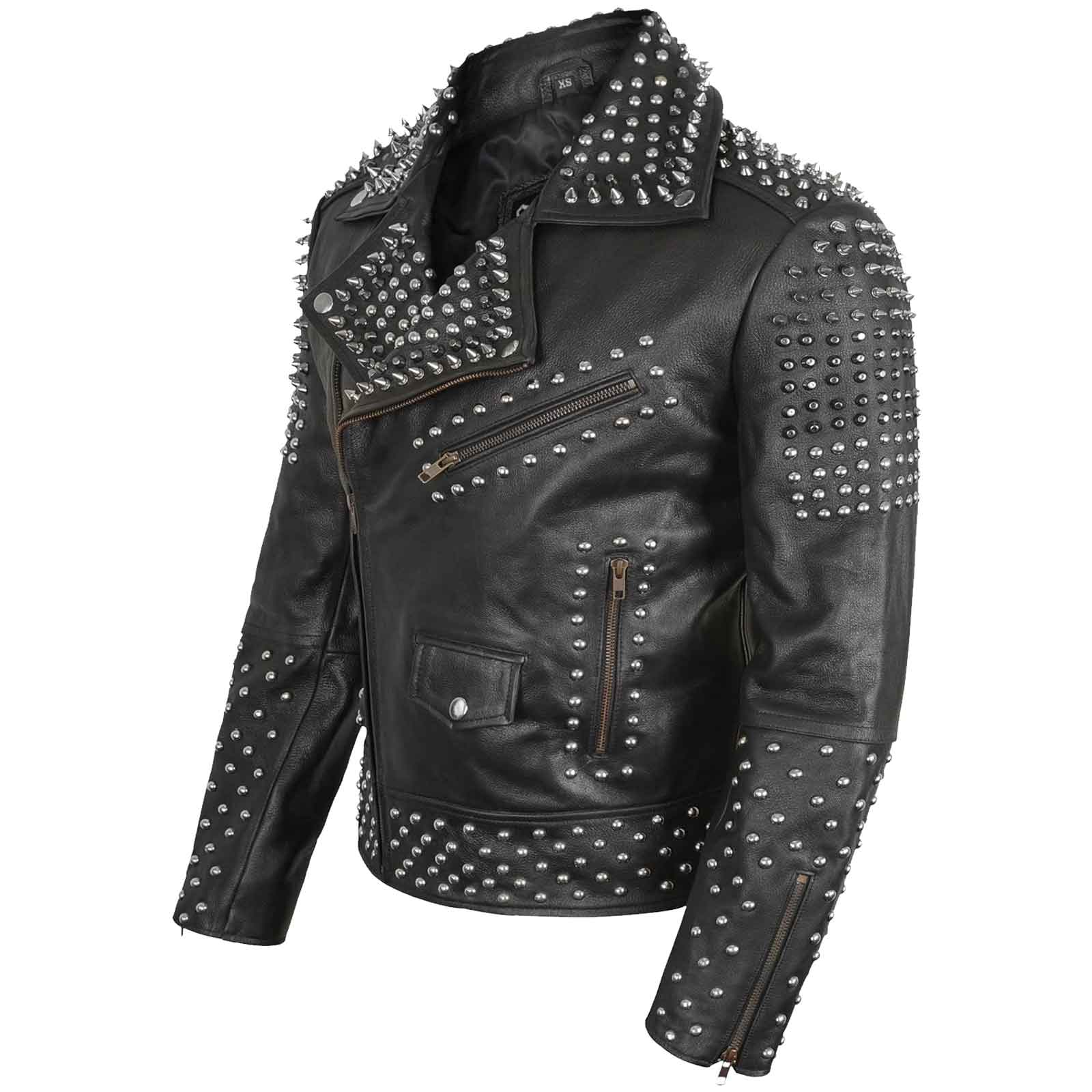 Mens Brando Studded Jacket Black Motorcycle Rock Punk Spiked Brando Biker Genuine Leather Jacket