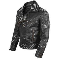 Mens Brando Studded Jacket Black Motorcycle Rock Punk Spiked Brando Biker Genuine Leather Jacket