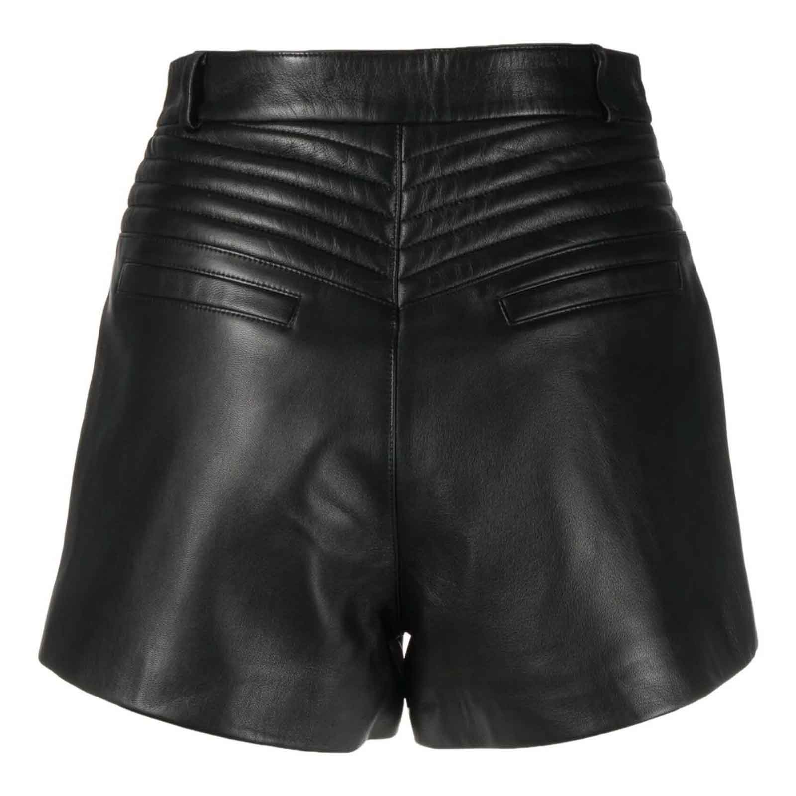 Black Lambskin Front Button & Zip Fastening Belt Loops Leather Short