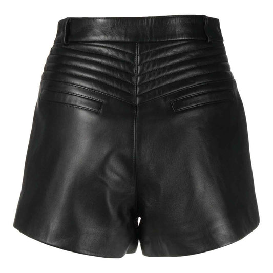 Black Lambskin Front Button & Zip Fastening Belt Loops Leather Short