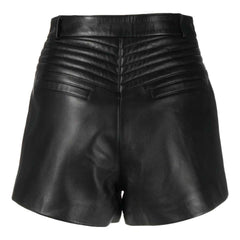 Black Lambskin Front Button & Zip Fastening Belt Loops Leather Short