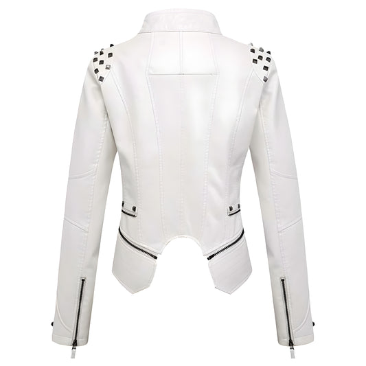 Women’s Studded Faux Leather Jacket – Slim Fit Adjustable Moto Biker Style Outerwear