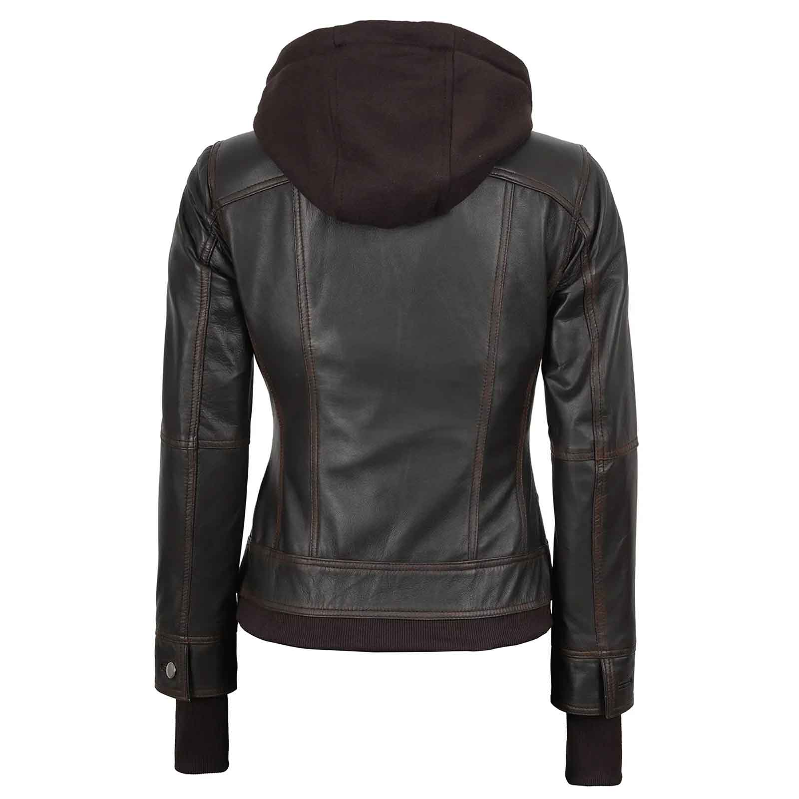 Tralee Women’s Dark Brown Leather Bomber Jacket – Removable Hood | Regals Leather