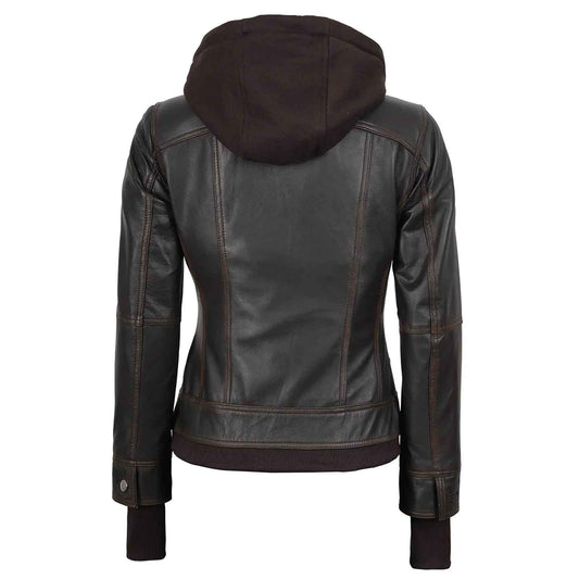 Tralee Women’s Dark Brown Leather Bomber Jacket – Removable Hood | Regals Leather