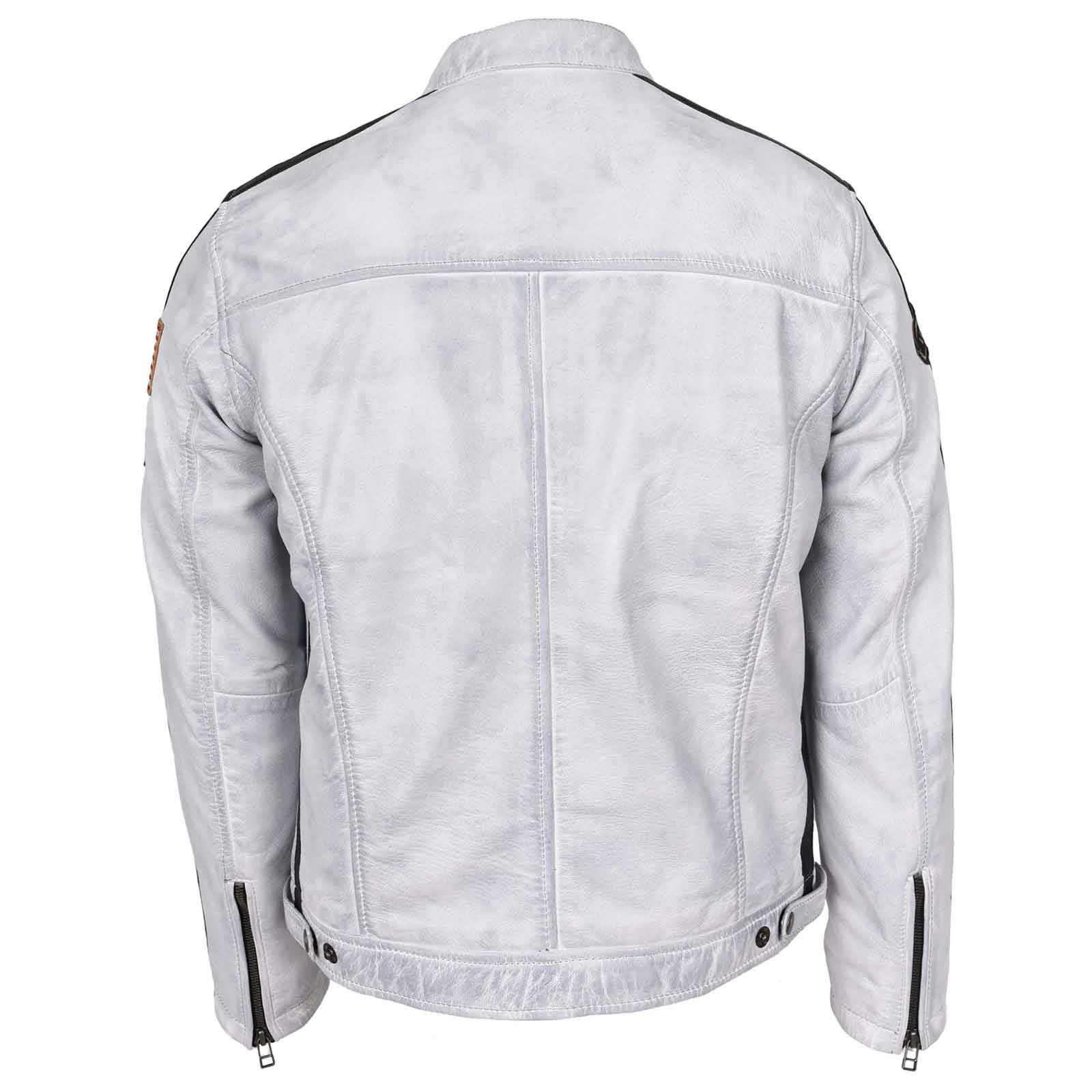 Men’s Real Leather Biker Jacket – Bobby Vintage White Racing Jacket with Motorsport Patches