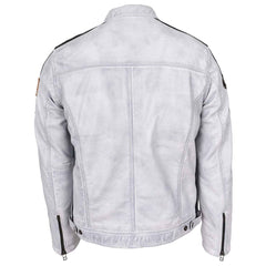 Men’s Real Leather Biker Jacket – Bobby Vintage White Racing Jacket with Motorsport Patches