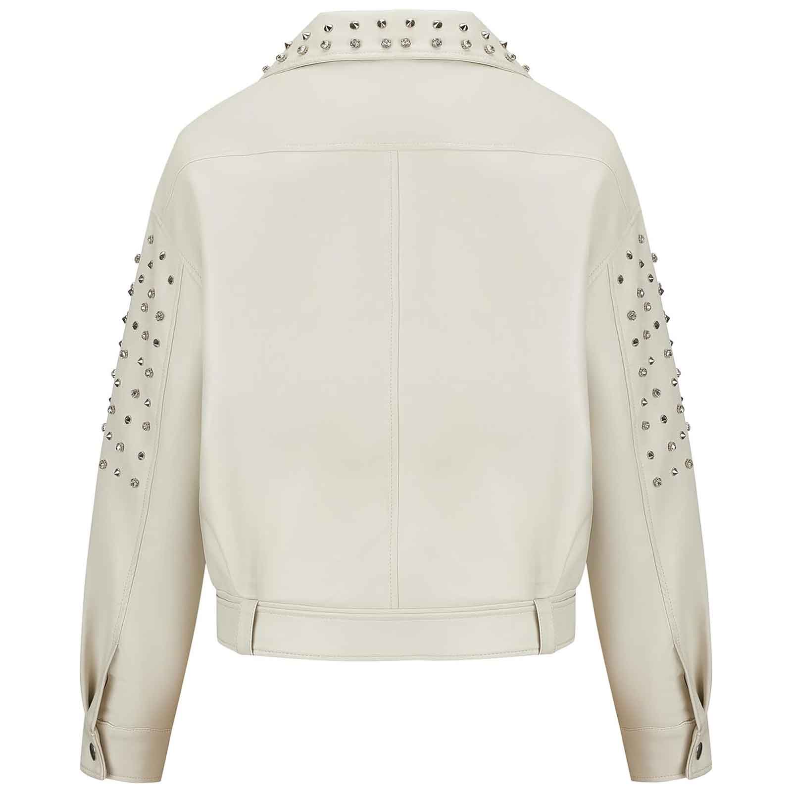Women’s Faux Leather Studded Rivet Jacket – Short Moto Biker Coat with Stand Collar