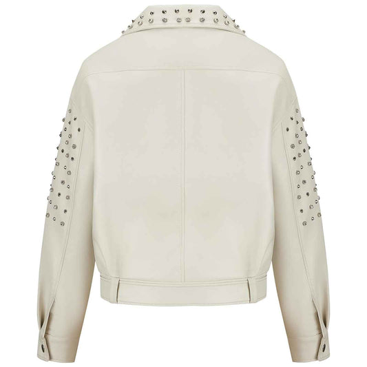 Women’s Faux Leather Studded Rivet Jacket – Short Moto Biker Coat with Stand Collar