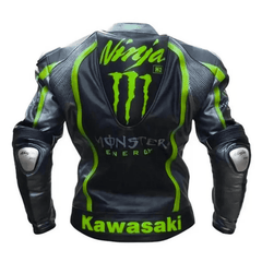 Chaqueta de cuero para hombre de motociclismo, negra, certificada CE, estilo Kawasaki