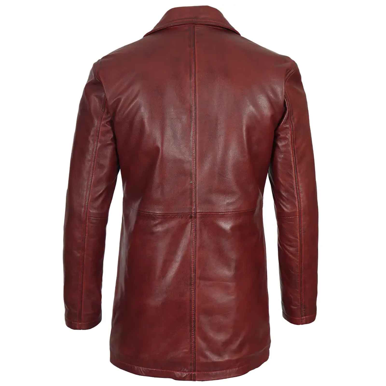 Burgundy Men’s Real Lambskin Leather Car Coat Genuine Leather Long Jacket