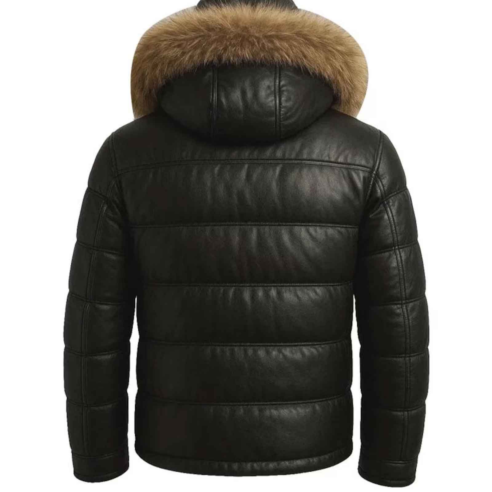 Men’s Genuine Leather Puffer Jacket with Fur Hood – Black Winter Leather Bomber Coat