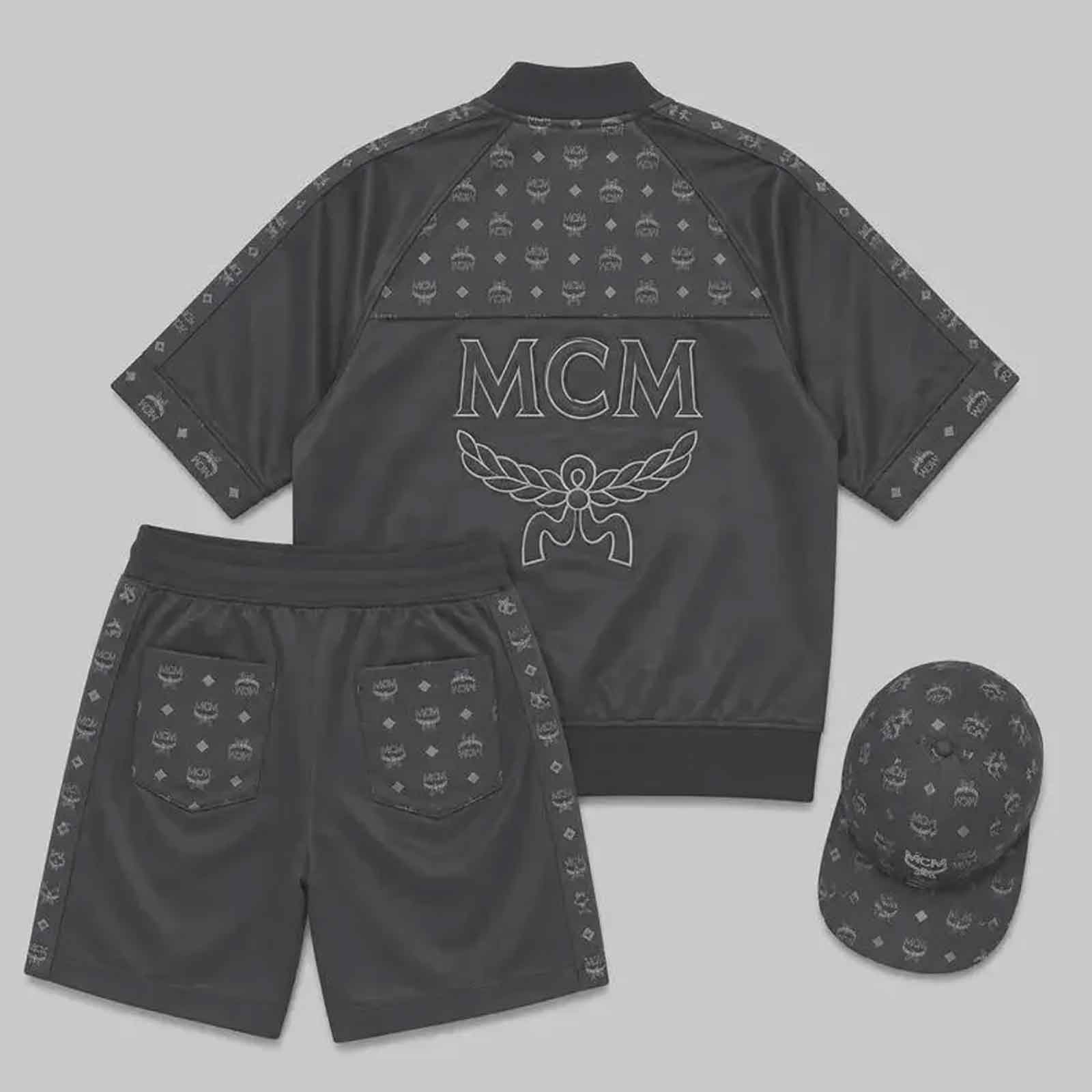 MCM Men’s Black Monogram Leather Tracksuit Set | Zip Jacket, Shorts & Cap | Summer Outfit