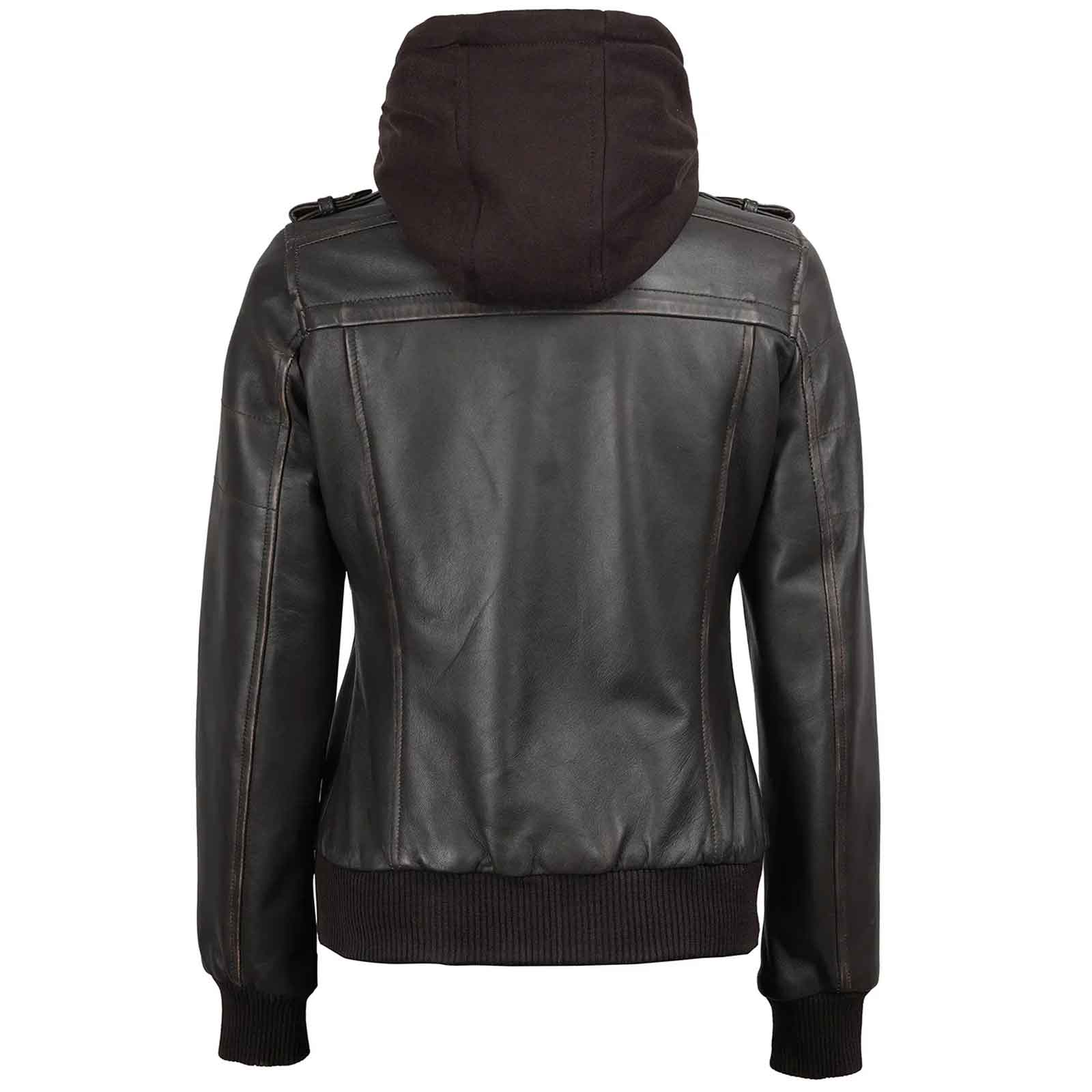 Dark Brown Rub Off Leather Jacket for Women with Removable Hood – Premium Casual Wear