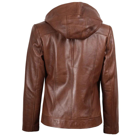 Regals Leather Cidra Women Asymmetrical Brown Hooded Genuine Leather Jacket