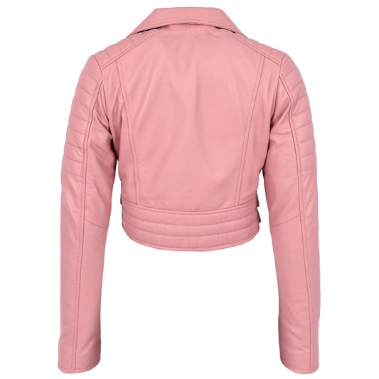 Women’s Cropped Leather Biker Jacket in Demi Baby Pink – Stylish Moto Fit