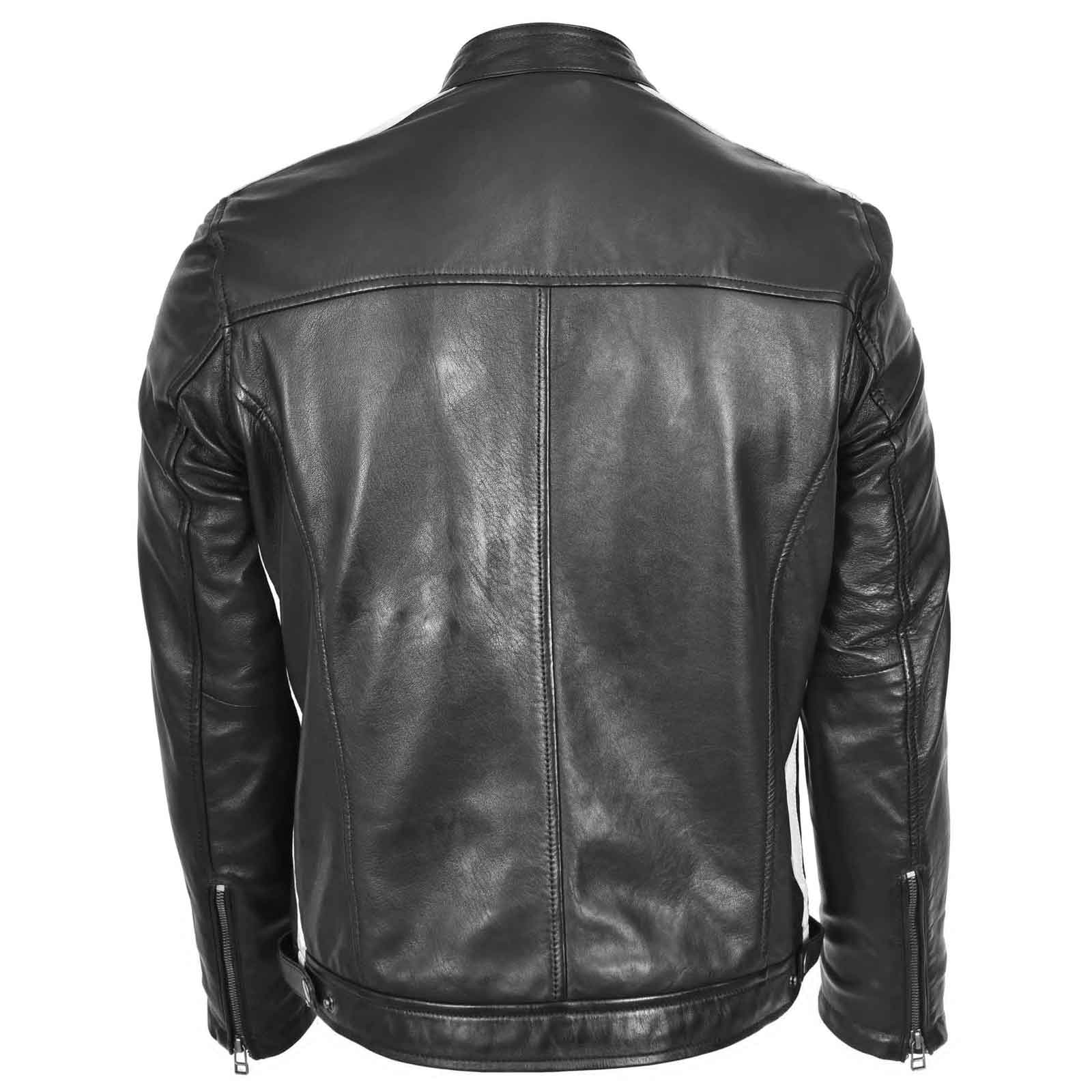 Men’s Black Leather Biker Jacket with Motorsport Logos – Bobby Racer Jacket