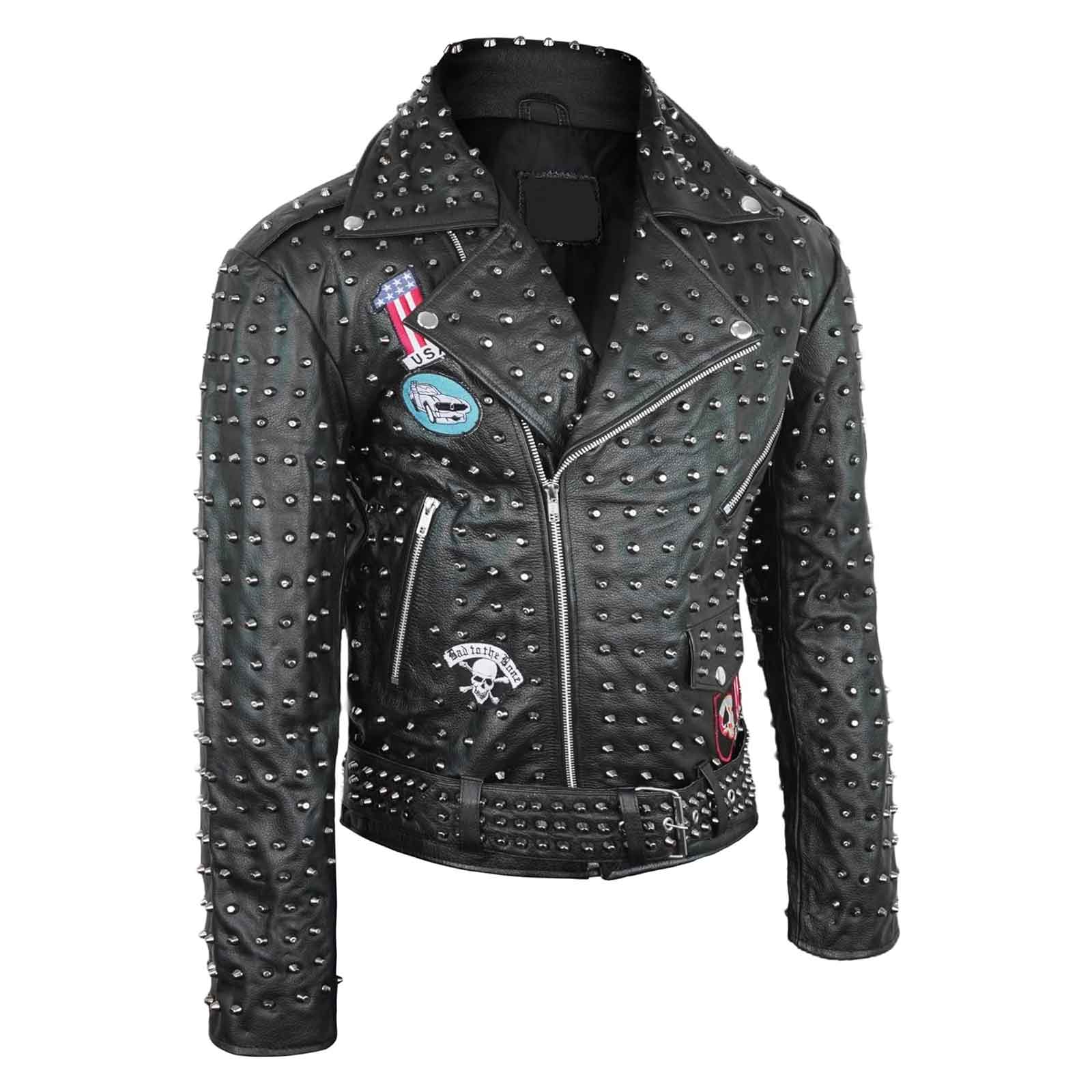 Men’s Brando Studded Leather Biker Jacket – Black Genuine Leather Punk Rock Motorcycle Jacket