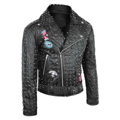 Men’s Brando Studded Leather Biker Jacket – Black Genuine Leather Punk Rock Motorcycle Jacket