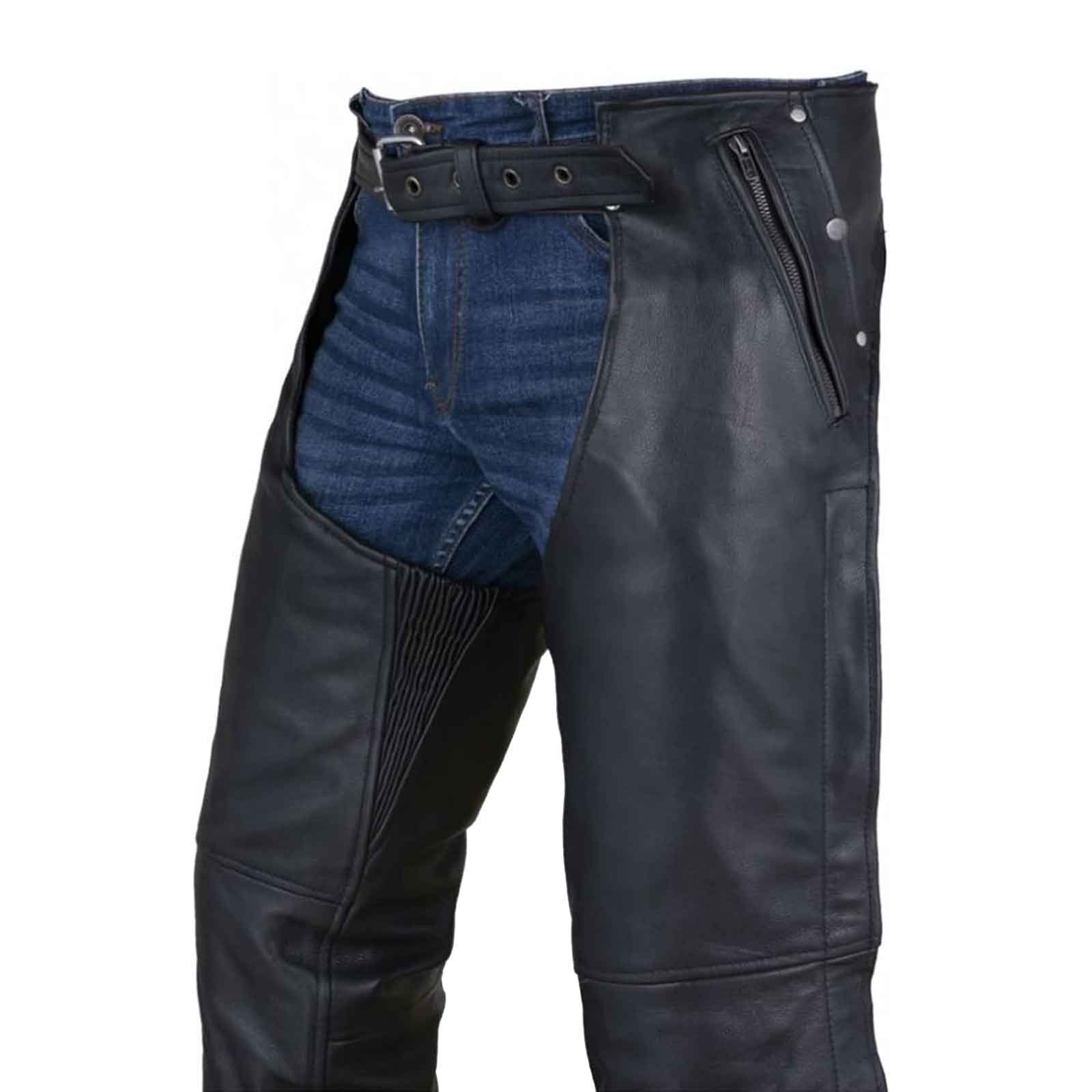 Black Leather Motorcycle Riding Chaps for Men Cowboy Biker Chaps Pants