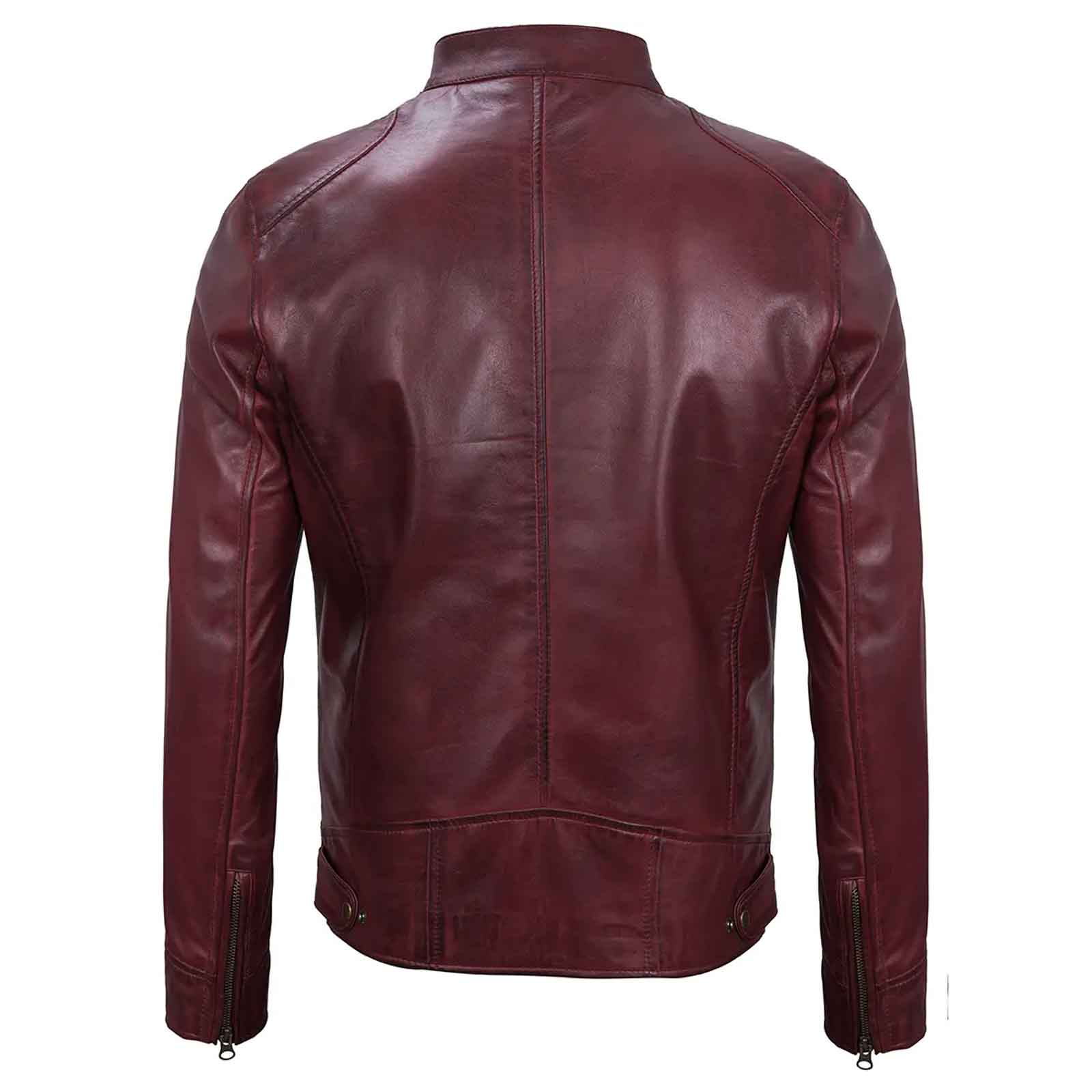 Dodge Men's Cafe Racer Biker Style Burgundy Lambskin Leather Jacket