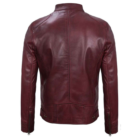 Dodge Men's Cafe Racer Biker Style Burgundy Lambskin Leather Jacket