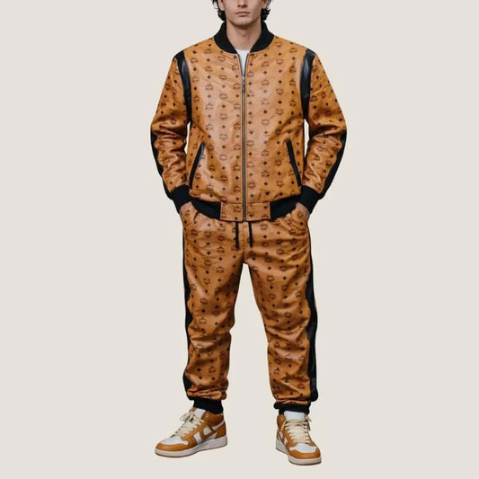 MCM Men’s Monogram Print Leather Tracksuit Set | Brown & Black Cowhide Bomber Jacket & Jogger Pants