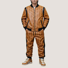 MCM Men’s Monogram Print Leather Tracksuit Set | Brown & Black Cowhide Bomber Jacket & Jogger Pants