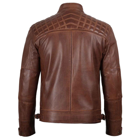 Regals Leather Men’s Quilted Biker Jacket – Genuine Cognac Brown Leather