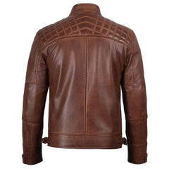 Regals Leather Men’s Quilted Biker Jacket – Genuine Cognac Brown Leather