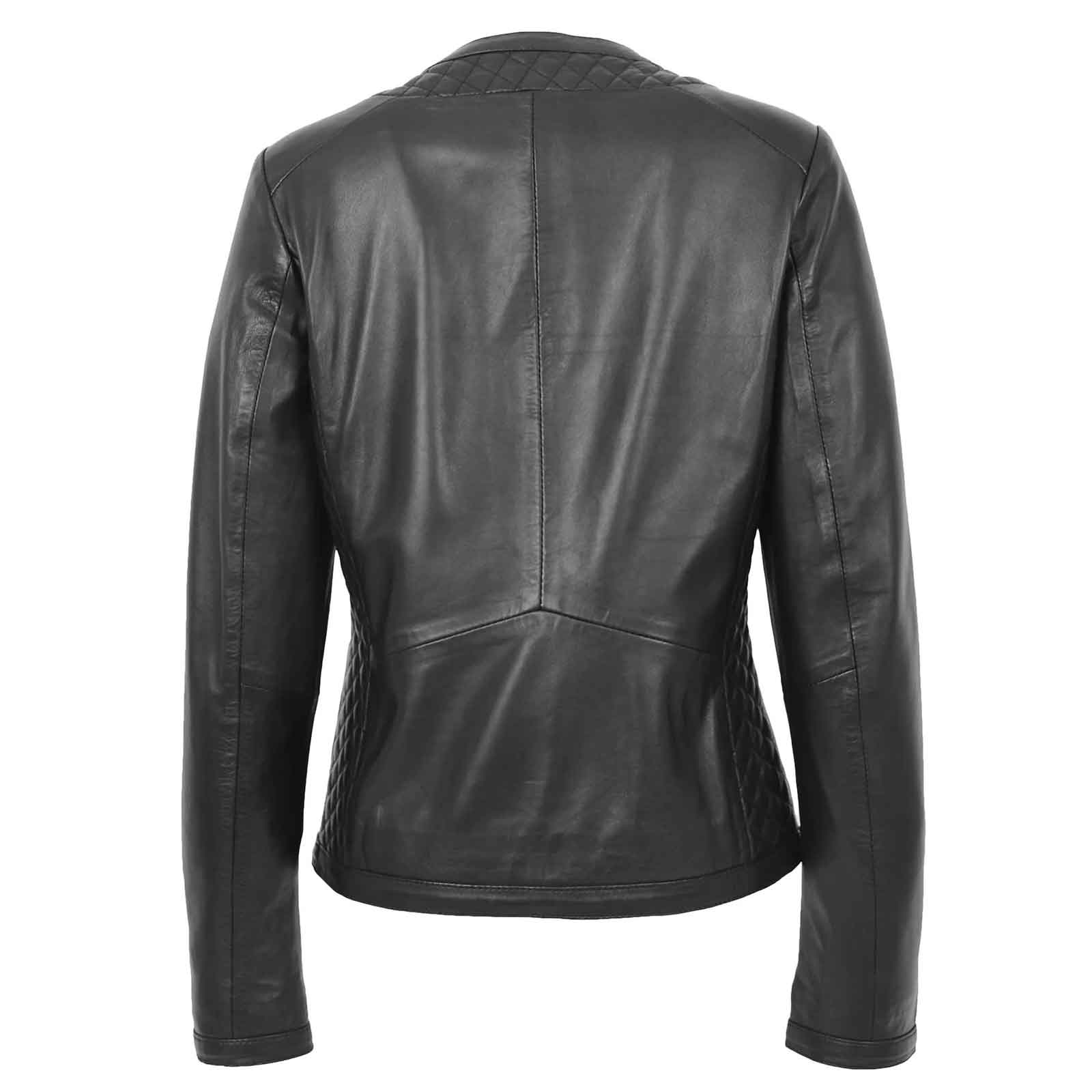 Fashion Women's Leather Collarless Jacket With Quilt Design Joan Black