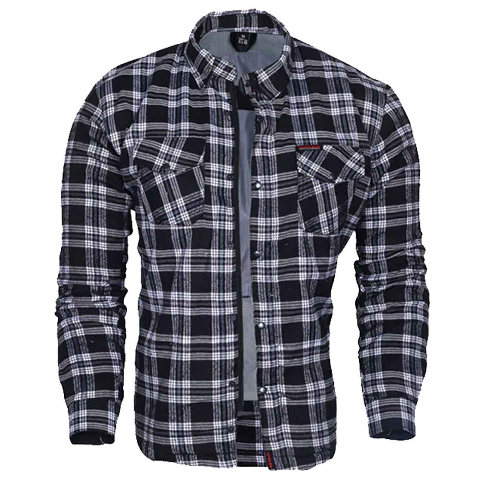 Regals Leather Exo Kevlar-Lined Motorcycle Flannel Shirt Black/White – CE Protective Riding Gear