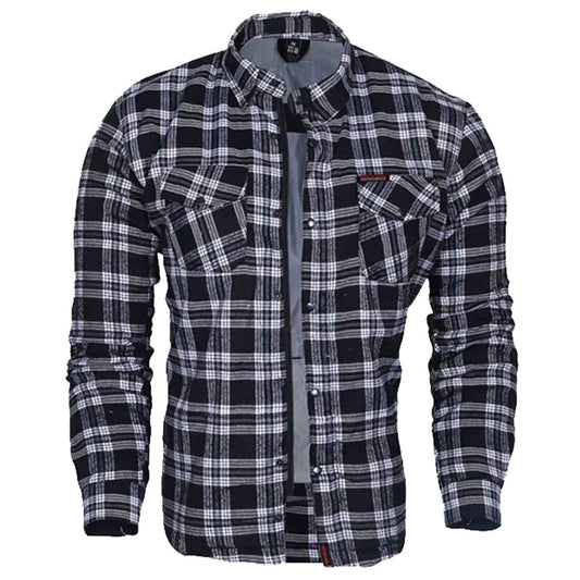 Regals Leather Exo Kevlar-Lined Motorcycle Flannel Shirt Black/White – CE Protective Riding Gear