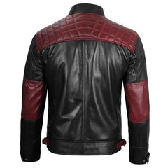 Rollins Men's Black and Burgundy Genuine Lambskin Quilted Biker Style Leather Jacket