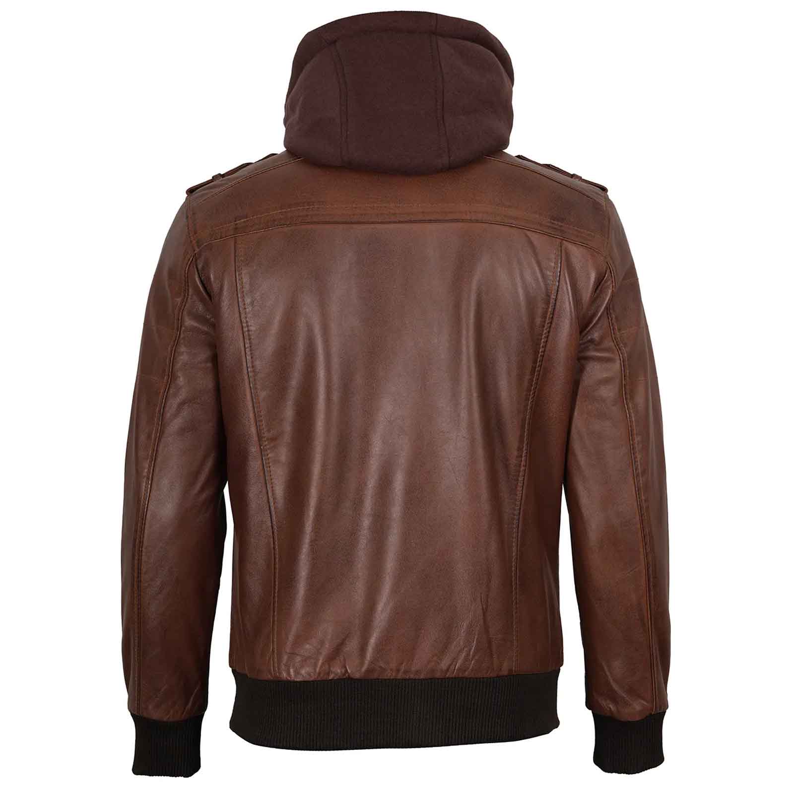 Edinburgh Men's Brown Bomber Genuine Leather Jacket With Removable Hood