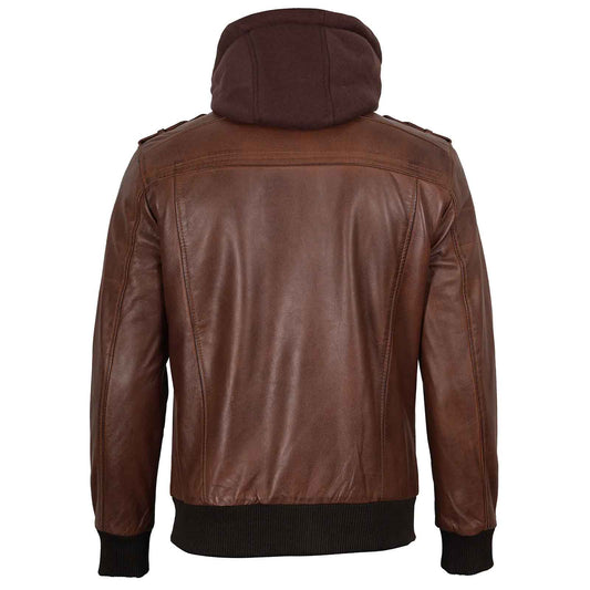 Edinburgh Men's Brown Bomber Genuine Leather Jacket With Removable Hood
