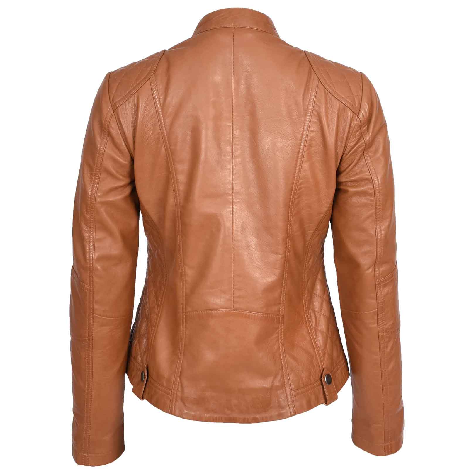 Women’s Soft Tan Leather Biker Jacket – Fitted Quilted Cafe Racer Style | Fiona