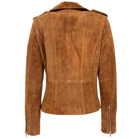 Women's Tan Suede Biker Jacket – Skylar Zip-Up Moto Style Leather Jacket