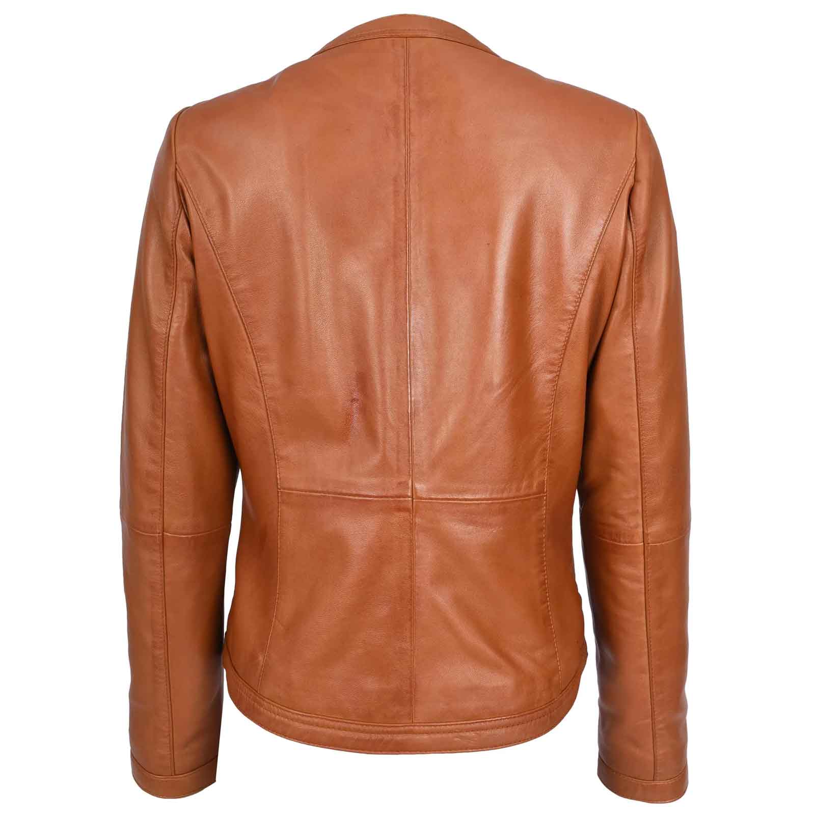 Women's Real Leather Collarless Fashion Jacket Slim Fit Style Clara Tan